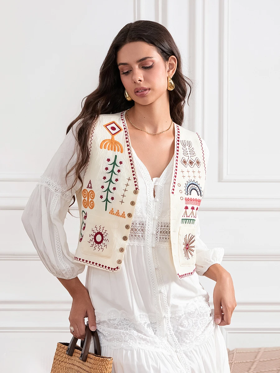 Women s Boho Vest Fashion Embroidery V Neck Button Down Sleeveless Crop Tops with Pockets for Daily Office Travel