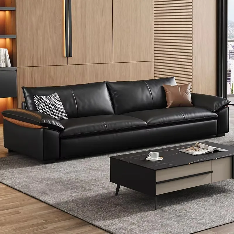Wholesale Italian Leather Sofa Set Living Room Furniture Genuine Leather Modern Modular Black Sofa Furniture