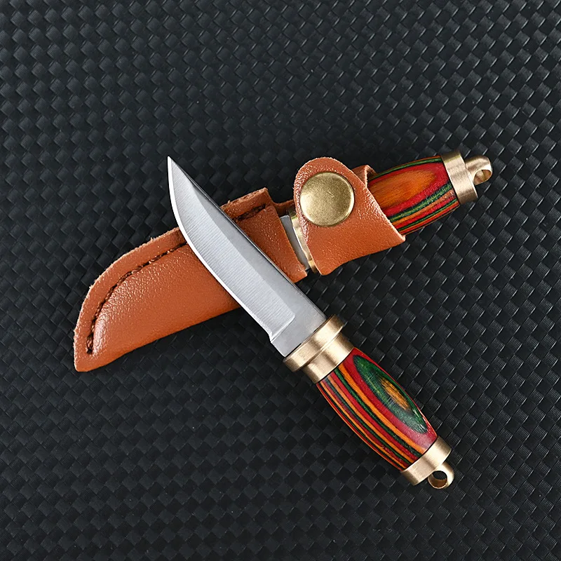 MINI Brass Wood Knife Portable Unboxing Straight Knife With Leather Case CS GO Hanging Outdoor Camping EDC Knife