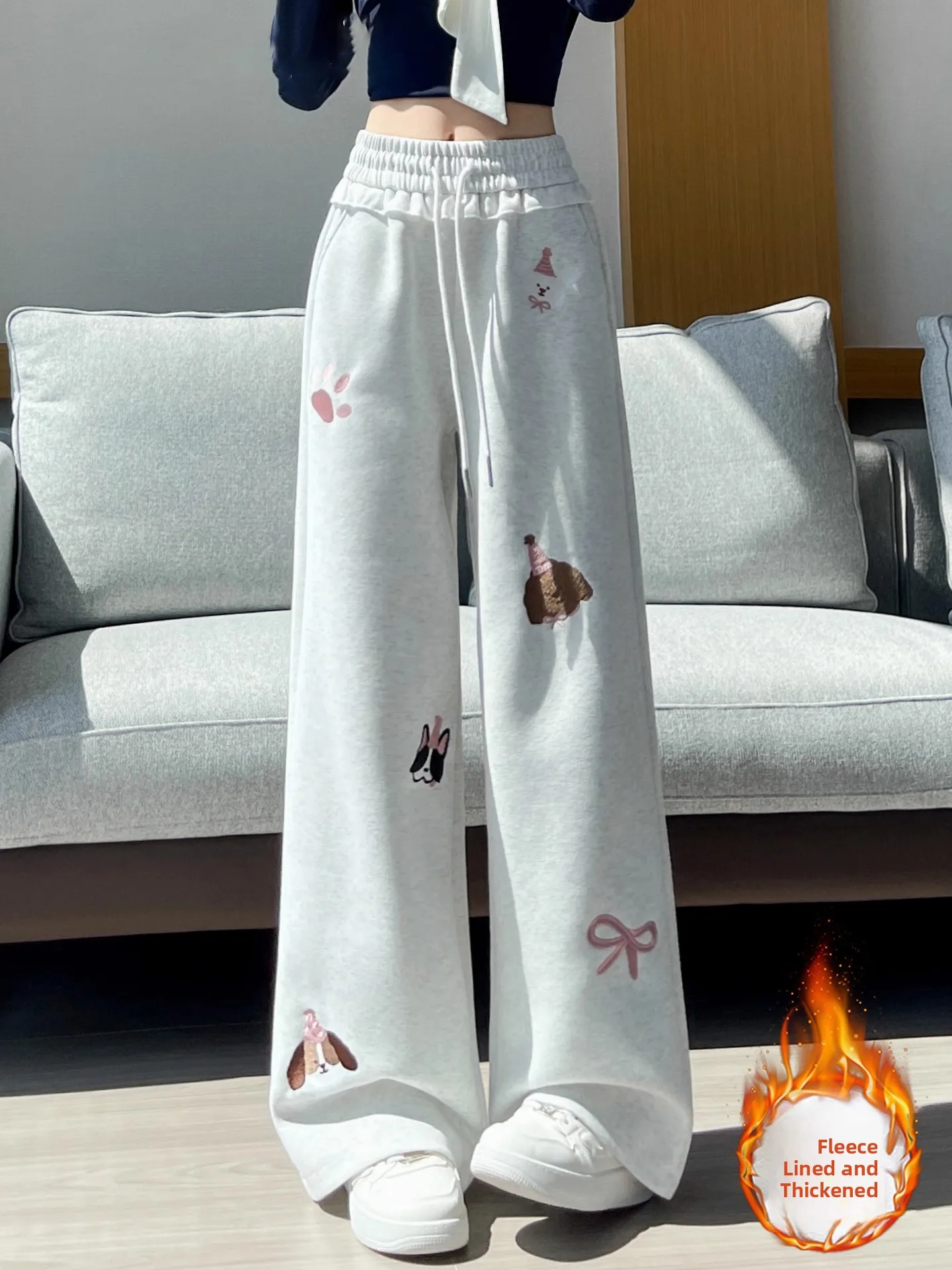 

Американские женские брюки с высокой талией и широкими штанинами на флисовой подкладке, весенне-осенние, свободные, прямые, повседневные, спортивные, драпированные, в стиле кэжуал