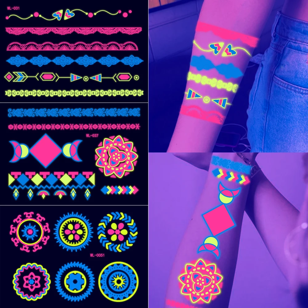 12/24Pcs Fluorescent Face Body Tattoo Sticker Butterfly Love Heart Flower UV Light Glowing Neon Tattoo For Bar/Party/Music