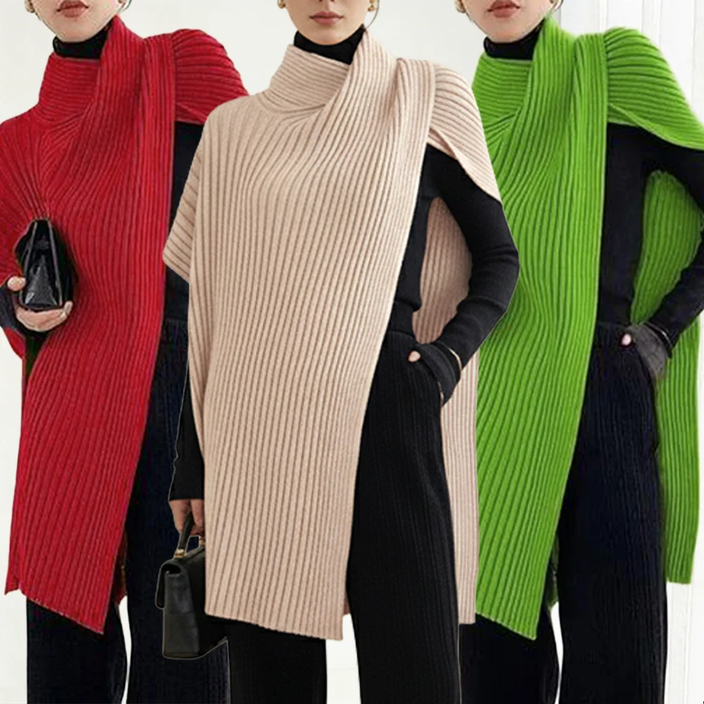 

UOOZEE 2026 New Women's Ribbed Knit Shawl Tops Fashion Solid Color Asymmetric Sleeveless Elegant Party Evening Sweater Tops