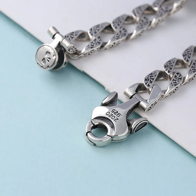 s925 sterling silver ornament men's trendy rotating skull retro fashion Tang grass pattern personalized skull bracelet