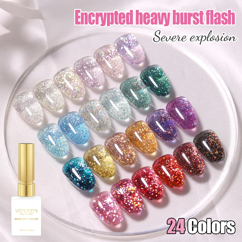 Vendeeni 24 Colors/Set High Density Glitter Gel Nail Polish Semi Permanent Flash Sequin UV LED Soak Off Gel Varnish With Display