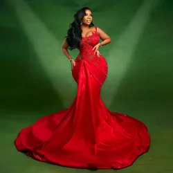 Aso Ebi Style Red Mermaid Wedding Second Dress Plus Size African Beaded Satin Formal Party Dresses Long Train African Prom Dress