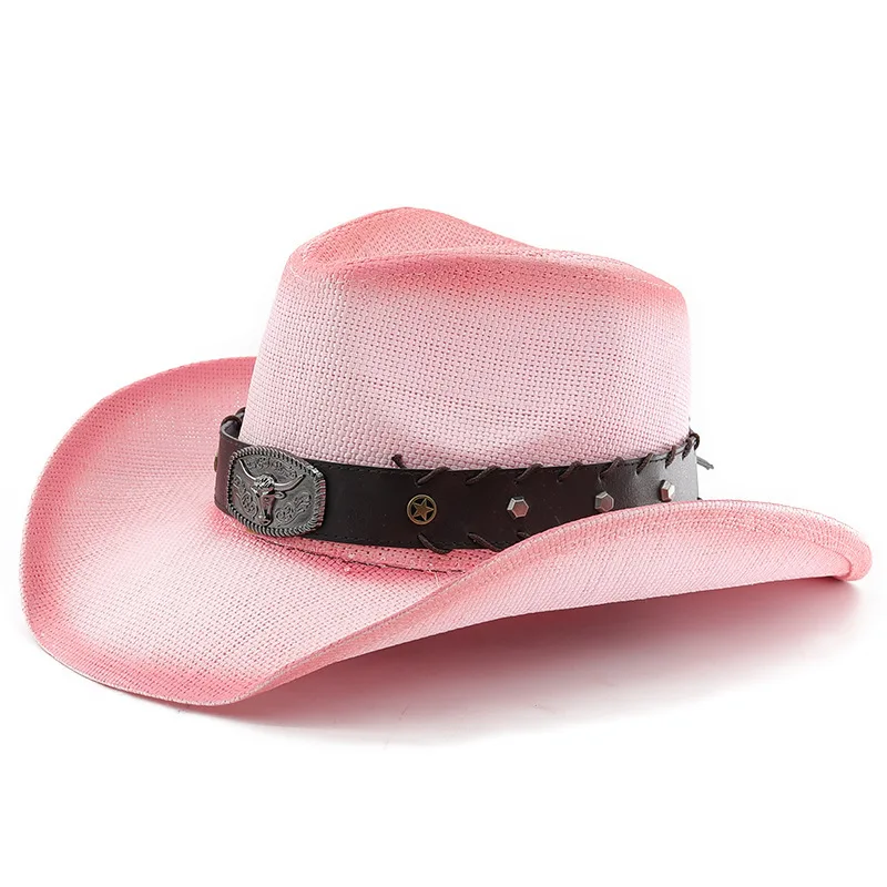 Spring/Summer Men's And Women's Western Cowboy Sun Curved Edge Bull Head Jazz Grass Spray Paint Outdoor Sunshade Hat
