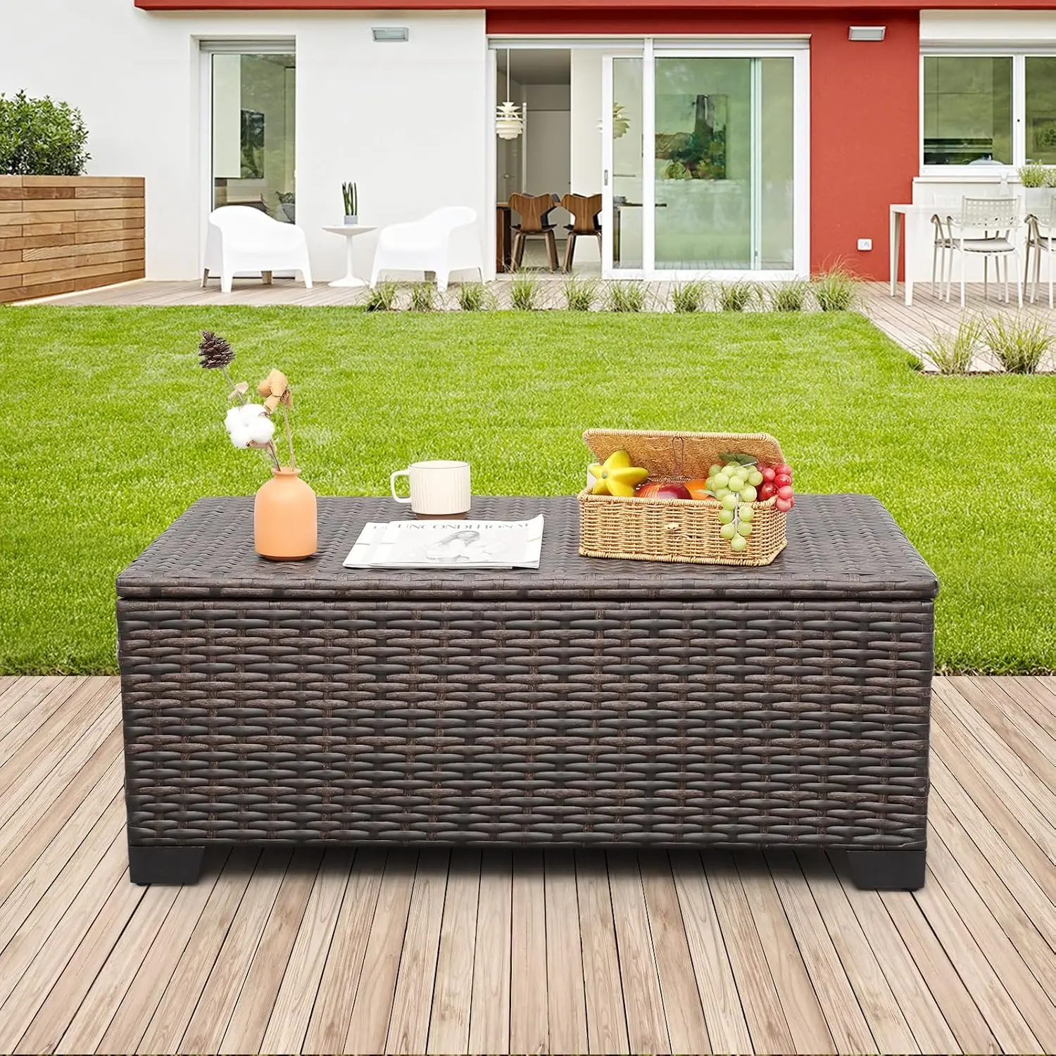 Outdoor Table Patio Furniture All-Weather Patio Table Wicker Coffee Table with Storage and Furniture Cover, Dark Brown