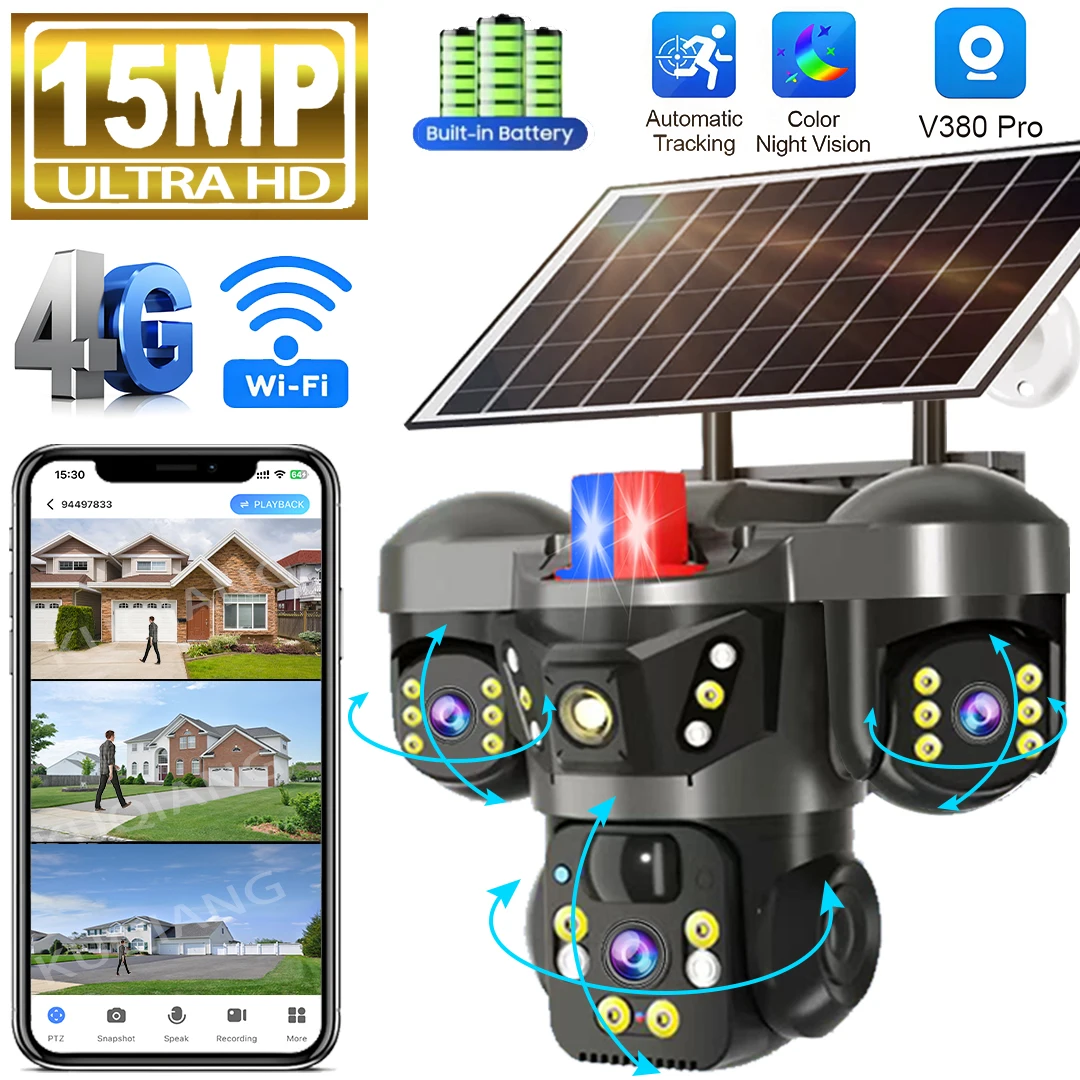 V380 Pro 4G Sim Card Solar Camera Three Lens Three Screens Outdoor WiFi Wireless Solar CCTV 10X Zoom Auto Tracking Security Cam