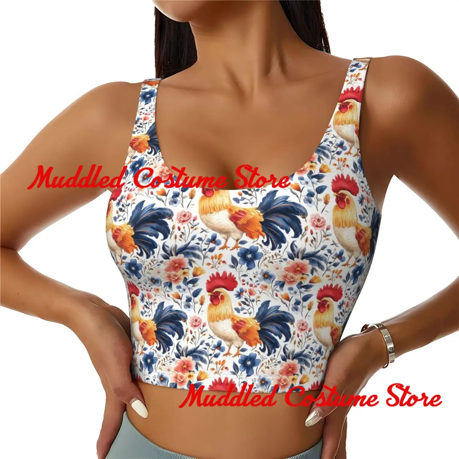 

Женский спортивный бюстгальтер с красочным цветочным принтом петуха, укороченный топ с подкладкой, ударопрочный спортивный жилет, майка для йоги, тренажерного зала, бега, фитнеса