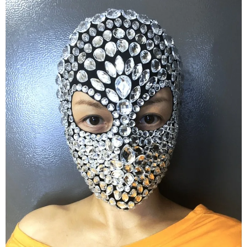 Shiny Diamond Punk Mask Elastic Headgear Cosplay DJ Dance Nightclub Headwear Halloween Party Fashion Rhinestone Rave Mask