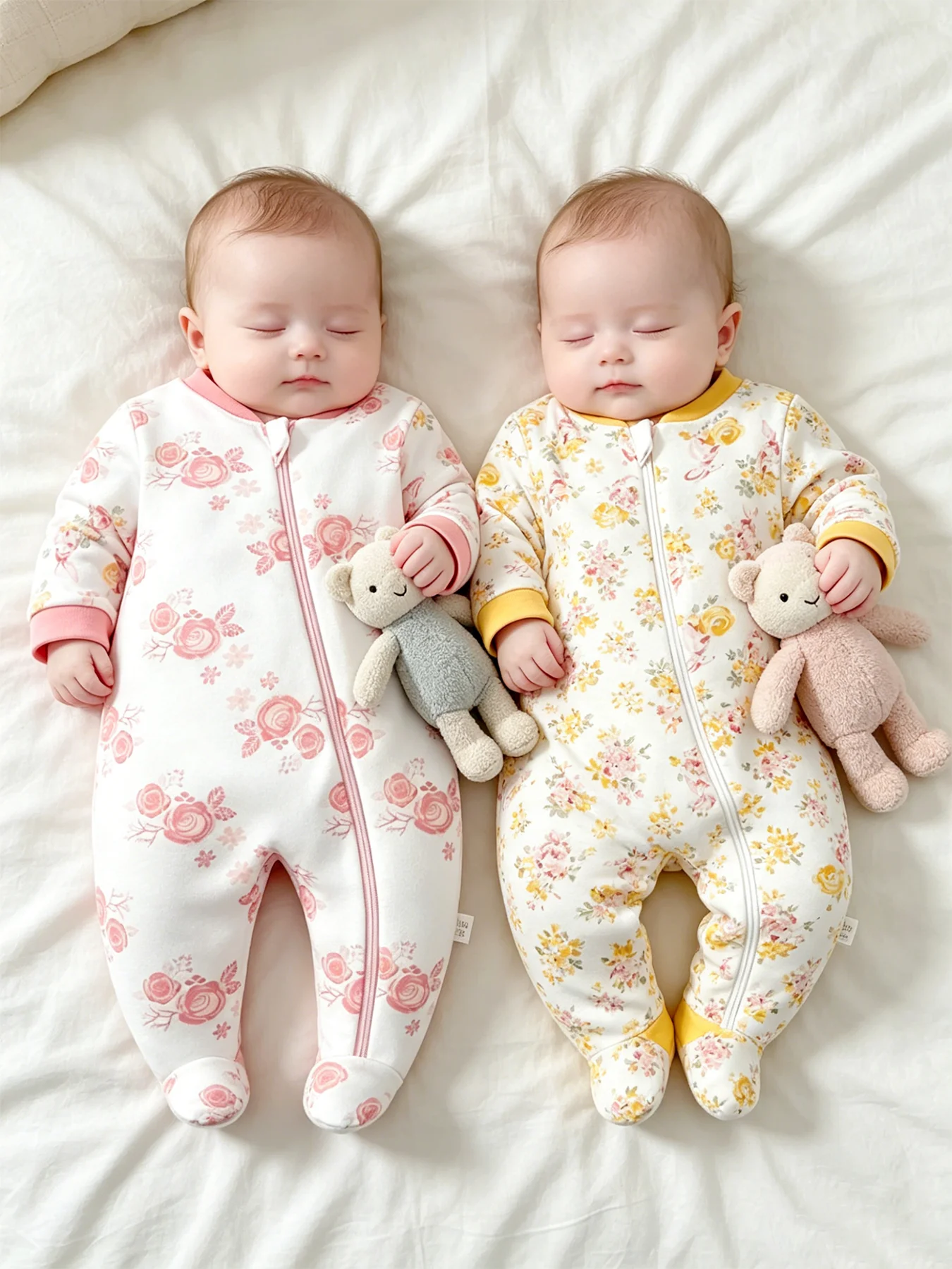 2-Piece Set of Footed Onesies for Baby Girls Aged 0–1: Rose Rabbit Zipper Crawler Set, Newborn Home Foot-Covering Sleepwear