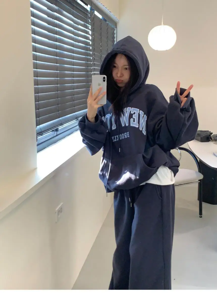 

Women's Fce Lined Loose Fit Set Casual Comfortable Two Piece Suit Letter Print Hoodie Pants High Waist Long Trousers