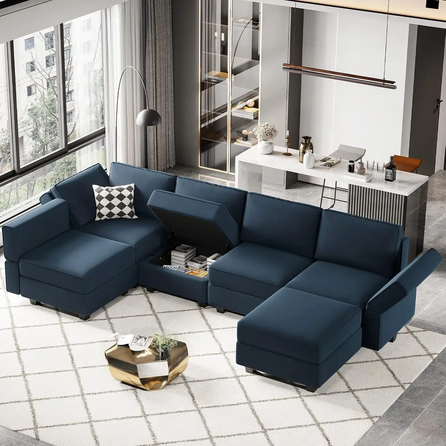 Modular Velvet Sectional Sofa with Chaise Lounge Sectional Sleeper Sofa with Storage Chaise Sofa Bed Couch for Living Room Blue