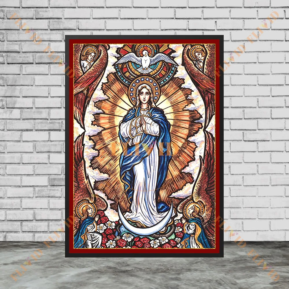 Virgin Mary Canvas Wall Art,Catholic Religious Poster, Blessed Mother Holy Print, Vintage Icon Painting for Living Room Decor