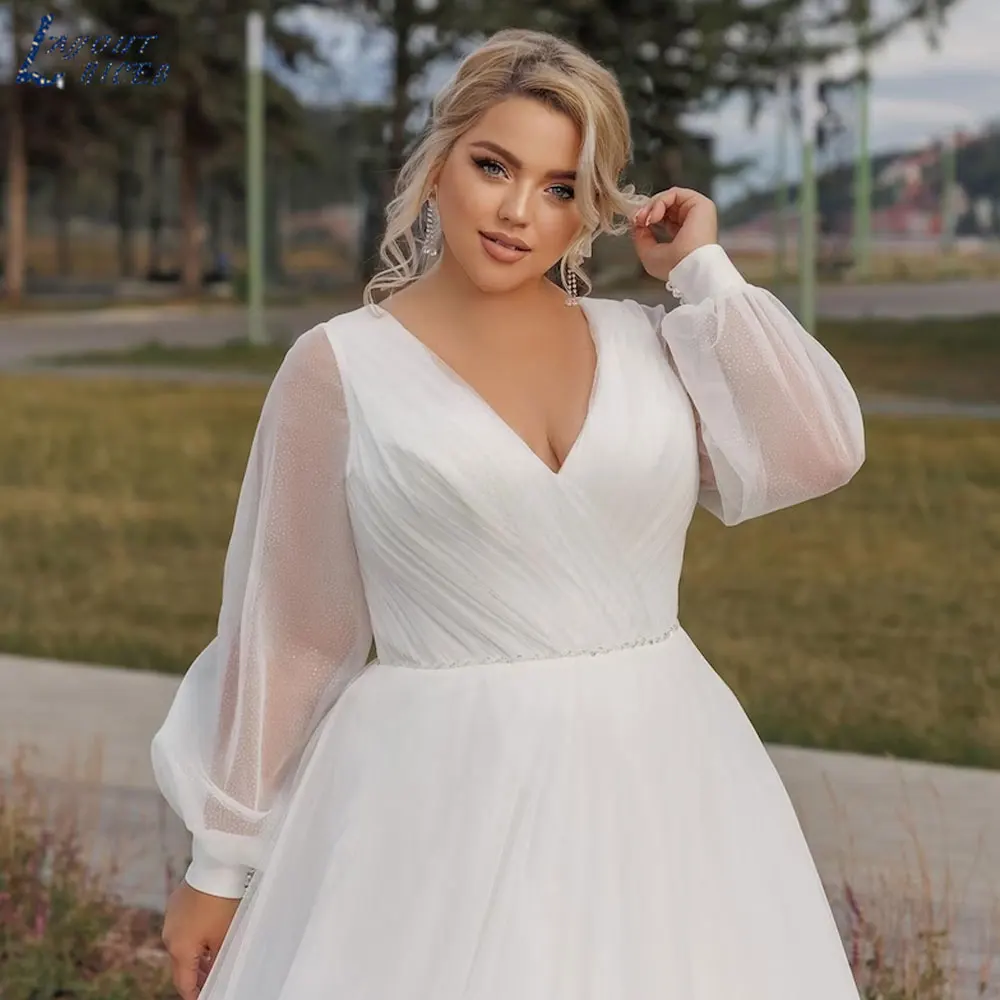 LAYOUT NICEB V-Neck Full Puff Sleeves Bridal Gowns 2024 Backless A-Line Tulle Wedding Dresses Back Lace Up vestidos de fiesta