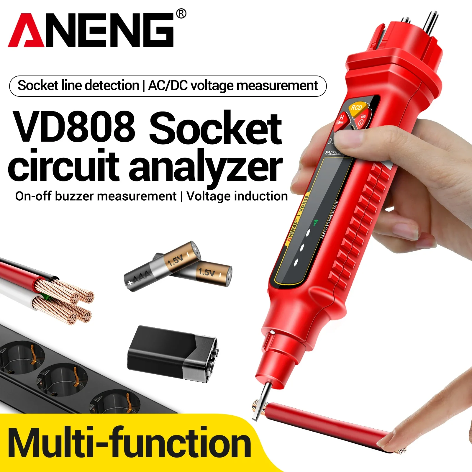

ANENG VD808 socket polarity detector 2-440V AC voltage detection zero live wire leakage tripping test electrician detection tool