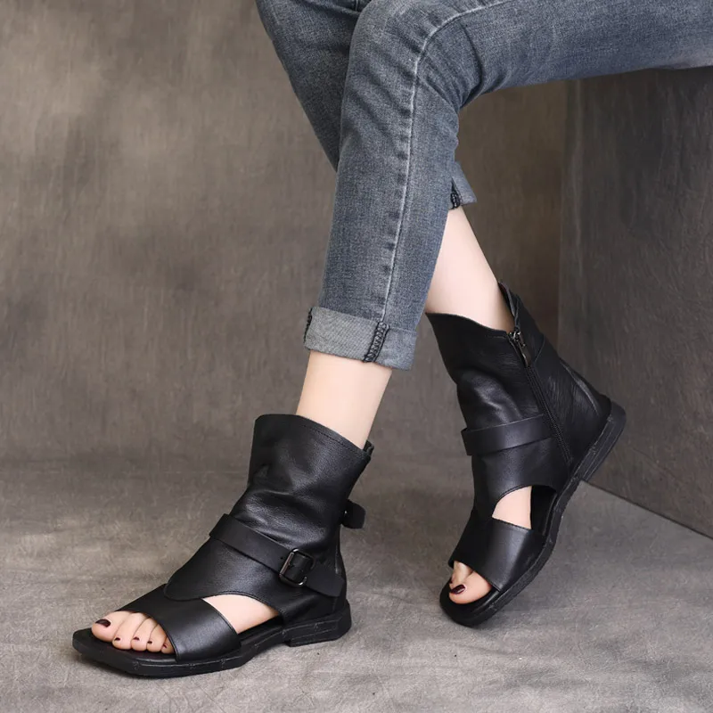 Spring 2021 new leather vintage handmade open-toe side zipper flat flat boots and sandals for women