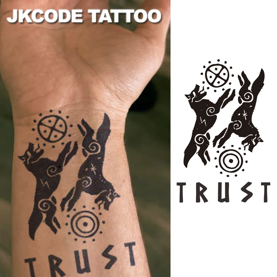 Viking patron saint - Wolf Totem - Herbal temporary tattoo wolf totem belief - Guardian protection - Guardian totem - English text TRUST finger sticker graffiti men's warm women's hand and neck dual-use tattoo sticker long-lasting waterproof for 15 days