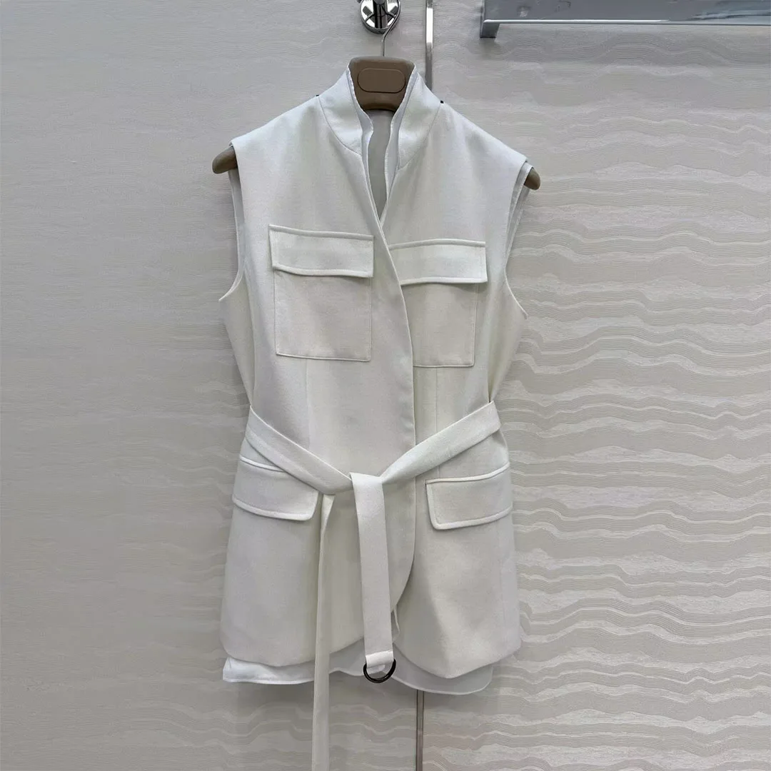 

New Spring Summer Fashion Elegant Work Suit Vest Jacket Women Stand Collar Sleeveless Pockets Patchwork Slim Belt Chic Tank Coat
