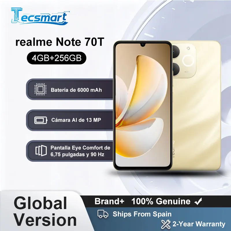Smartphone - realme Note 70T Versión Global Pantalla de 6,75 pulgadas 90 Hz Batería de 6000 mAh Cámara Al de 13 MP Chipset octa-core IP54 Resistencia al polvo y al agua