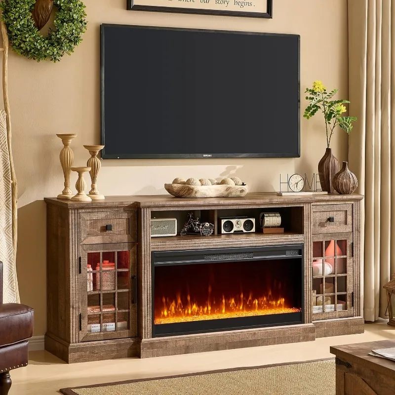 Fireplace TV Stand for 80 Inch TV, Farmhouse Highboy Entertainment Center w/LED Lights & 36