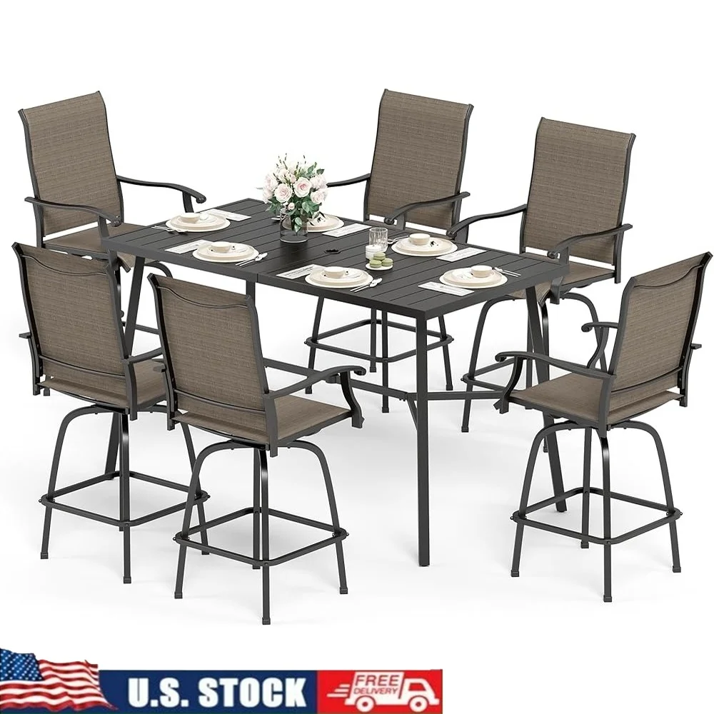 Outdoor Patio Bar Set with 6 Swivel Chairs and Rectangular Table Ergonomic High Back Design Weather Resistant Furniture