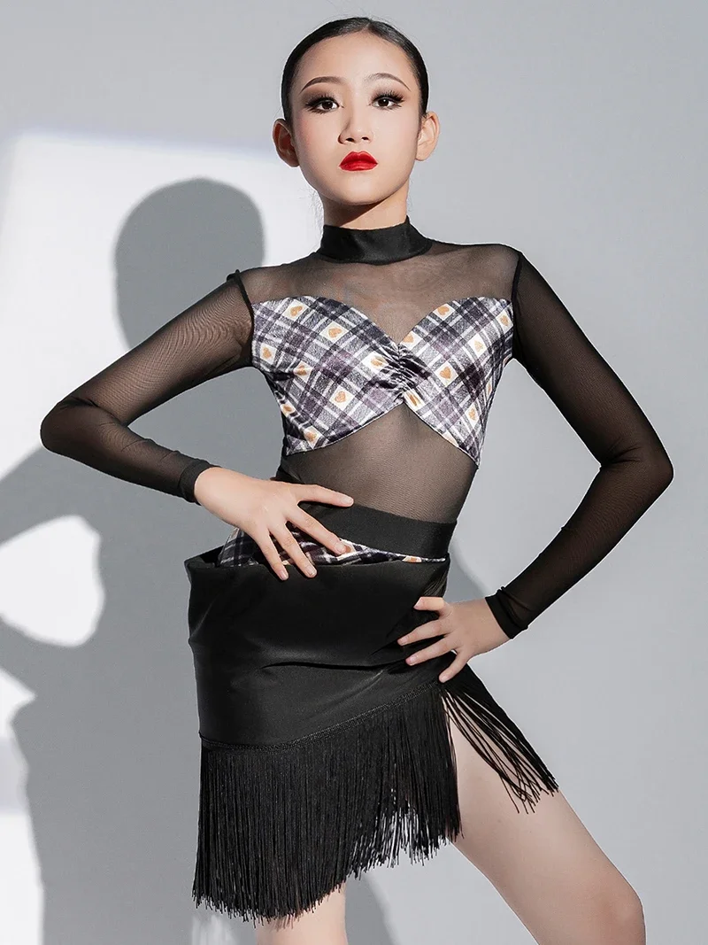 Kinder Meisjes Latin Dance Sets Mesh Rits Bodysuit Kwastjes Rokken Ballroom Rumba Danskleding Training Cha Cha Performance Kostuums