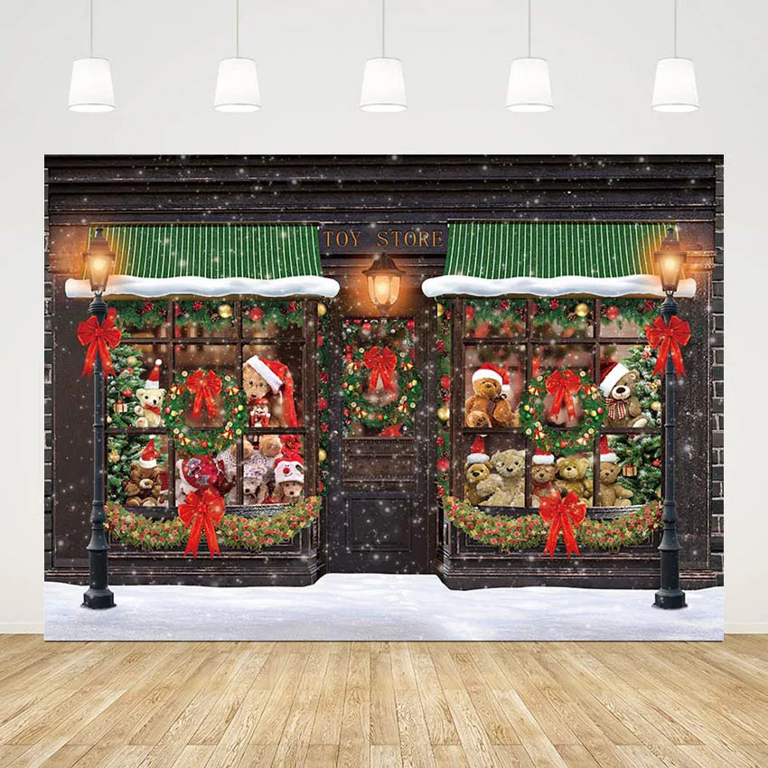 Photography Background Winter Christmas Hat Gift Toy Store Wood Door Xmas Tree Family Portrait Backdrop Photo Studio Photozone