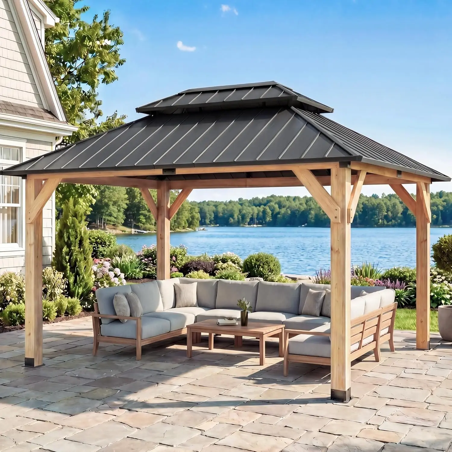 Outdoor Wood Gazebo 10' x 12' with Metal Hardtop and DIY Color Finish for Patio Garden