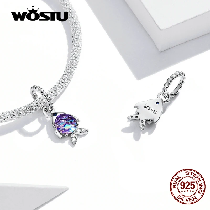 WOSTU 100% 925 Sterling Silver Blue Purple Fish Charms Beads Heart Pendants Fit Original DIY Bracelet Necklace Jewelry for Women