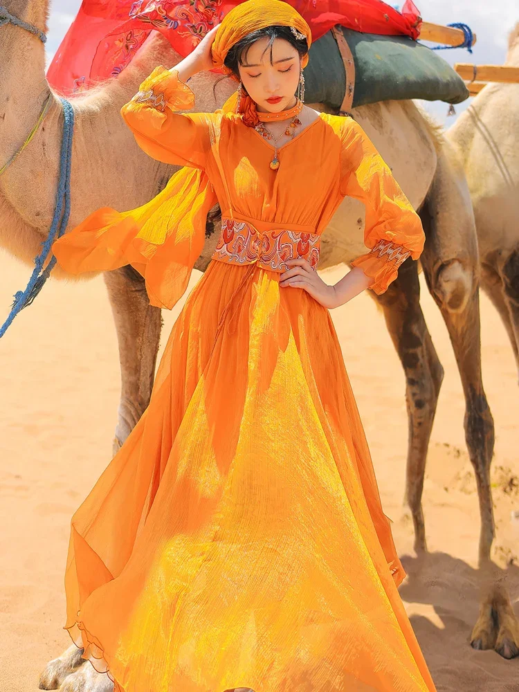 Yellow Desert Exotic Clothing Indian Style Women's Clothing Style Dress Xinjiang Tourism Wear