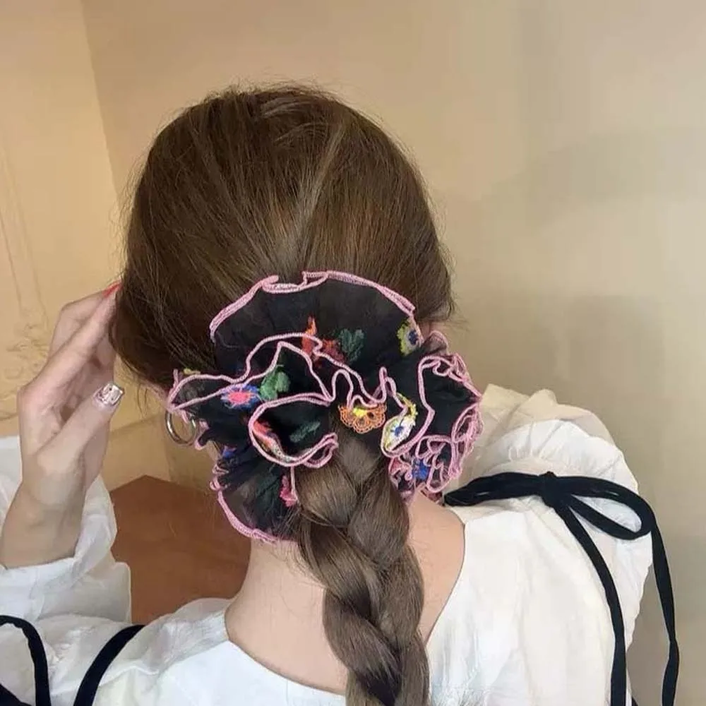 

Large Intestine Circle Embroidered Mesh Scrunchie Elastic Quirky Style Flower Lace Hair Ring Headwear Korean Style