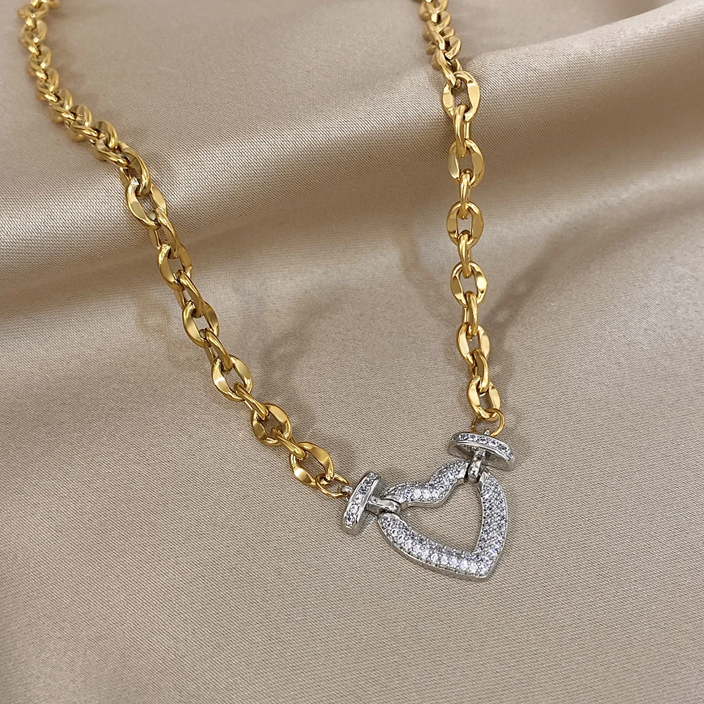 Volle Zirkon Schloss & Herz Edelstahl Charms Anhänger Halskette für Frauen Männer Chunky Punk Vergoldet Link Kette Halsketten – Detail 4