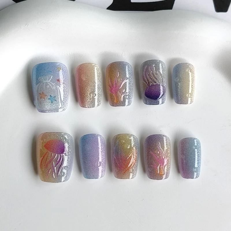 10pcs Short T Blue Mermaid Cat\'s Eye Handmade  Press on Nail False Nails Square Head Girl Lady Wearable Detachable Nail Tips