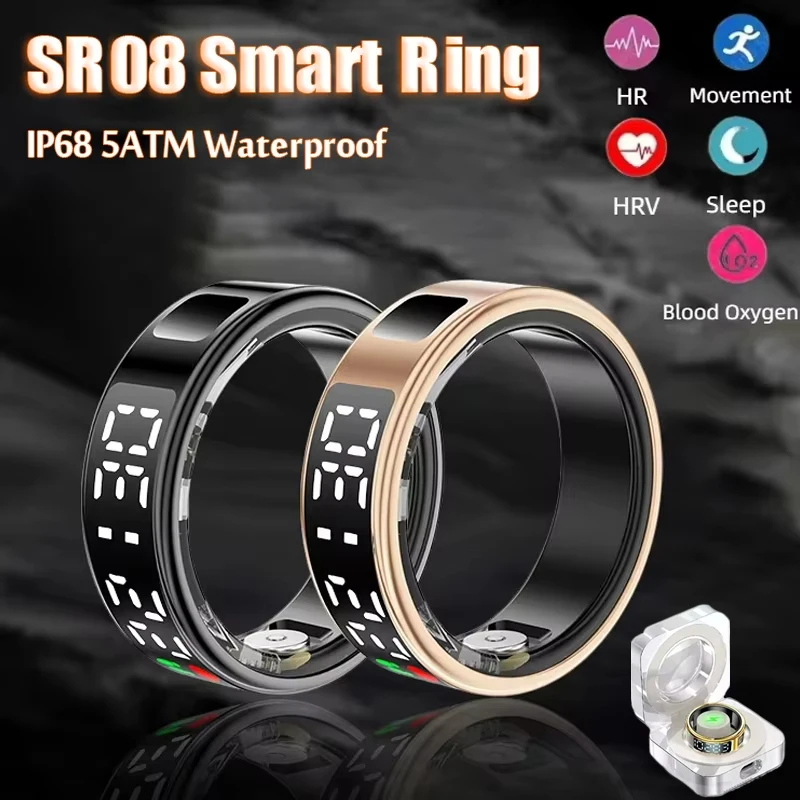 SR08 Smart Ring Multi Sports Modes Heart Rate Blood Oxygen Monitoring 5ATM Waterproof LED Display Screen Gesture Swipe Ring