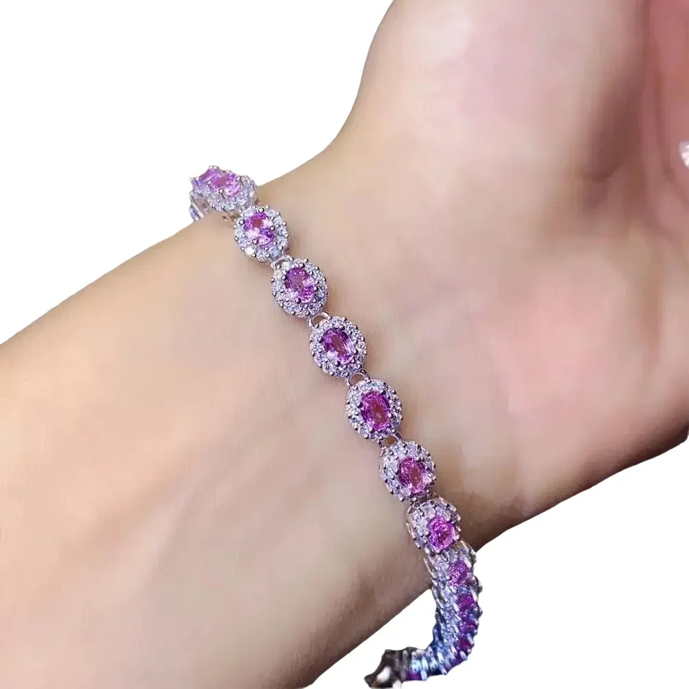 

KJJEAXCMY-925 Sterling Silver Inlaid Natural Pink Sapphire Bracelet, Elegant Female Bracelet, Support Testing, Fine Jewelry