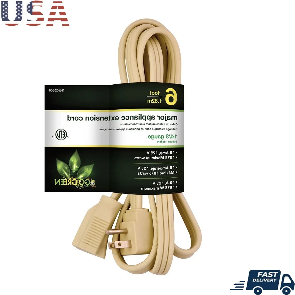 

Heavy Duty 14 Gauge 6 Ft Appliance Cord Indoor Use Kink Free Vinyl Jacket Flexible Extension Cable cETL Listed 15 Amps 1875