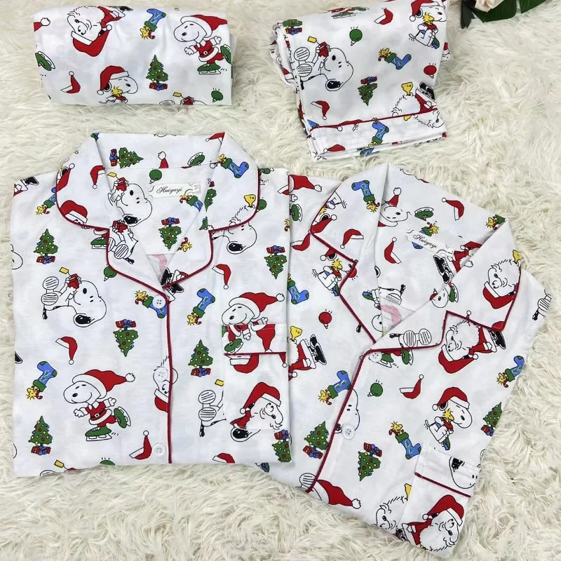 Snoopy Pajama Set Autumn Long Sleeve Pants Suit Cartoon Sleepwear Collar Cardigan Pyjamas Women Cute Nightgown Xmas Homewear