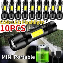 10 szt. Mini latarka LED COB + XPE przenośna latarka Zoomable światło skupiające akumulatorowa latarka taktyczna Camping latarnia awaryjna