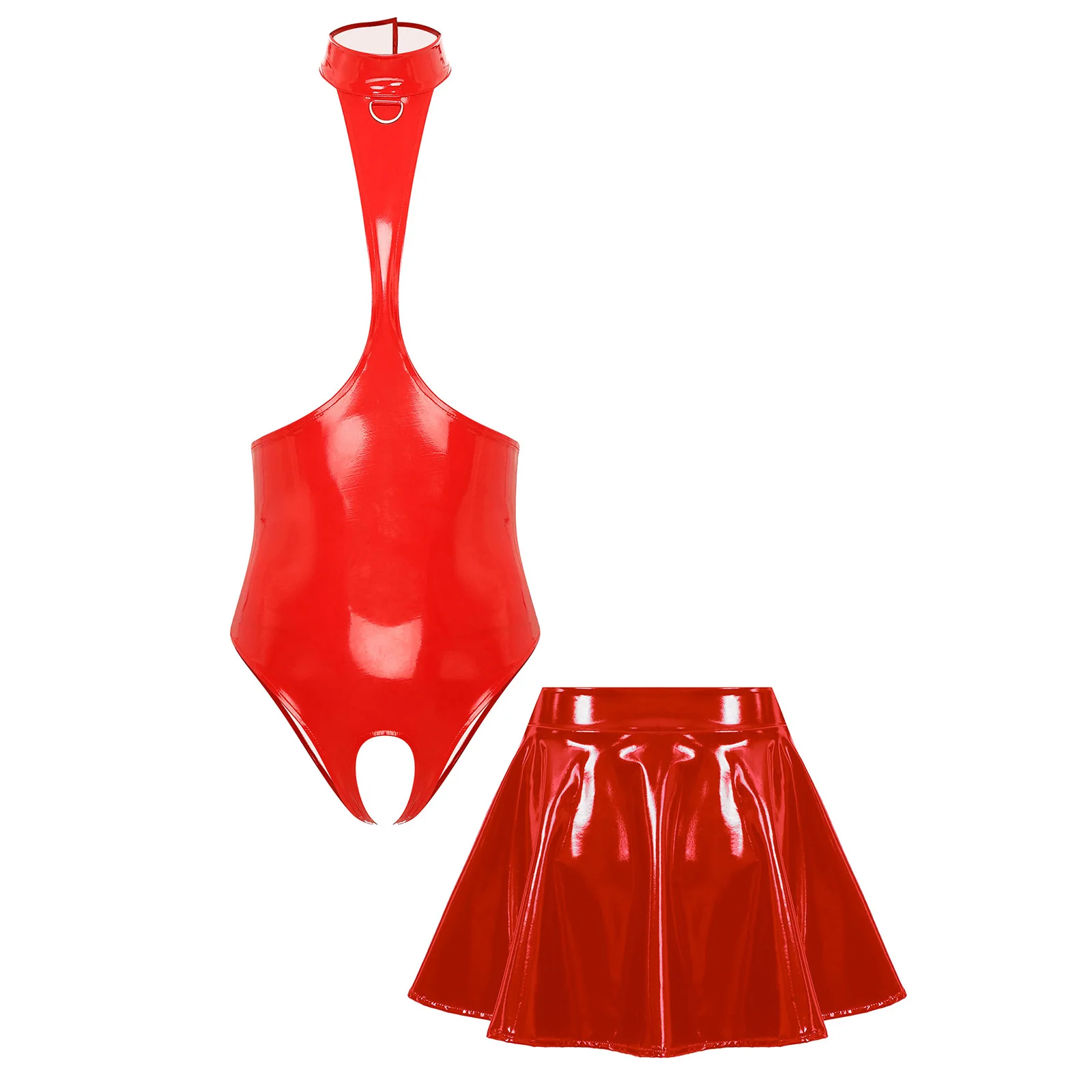 Глянцевая сексуальная клубная одежда для взрослых, комплект нижнего белья с открытой грудью и лямкой на шее, боди с вырезом в промежности и мини-юбка трапециевидной формы, ночное белье