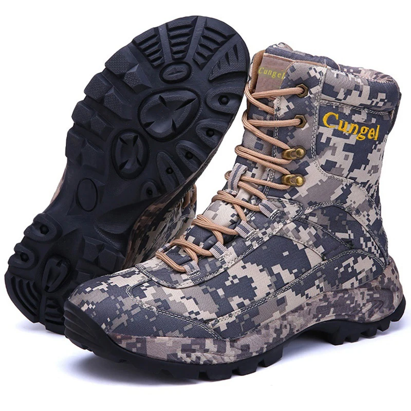 Men's camouflage hunting boots waterproof hiking boots anti-skid light breathable durable outdoor shoes high cut fishing hiking