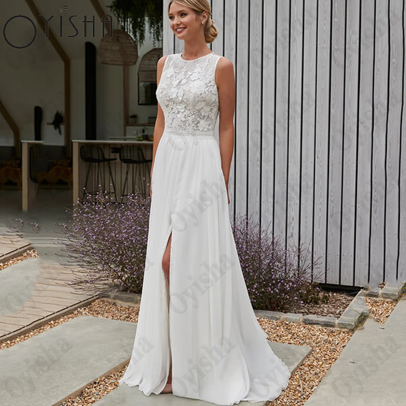 OYISHA High Split Sleeveless Wedding Dresses O-Neck Fairy Appliques Vestidos De Noiva Illusion Back Buttons Chiffon Bridal Gowns