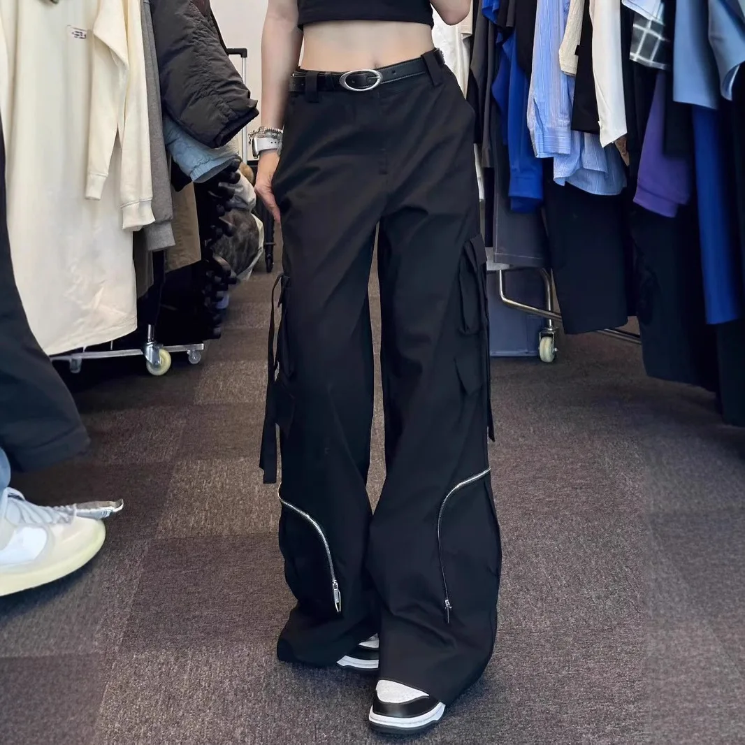 2025 American black cargo casual pants women's hip hop design sense of loose everything with wide leg long pants tide