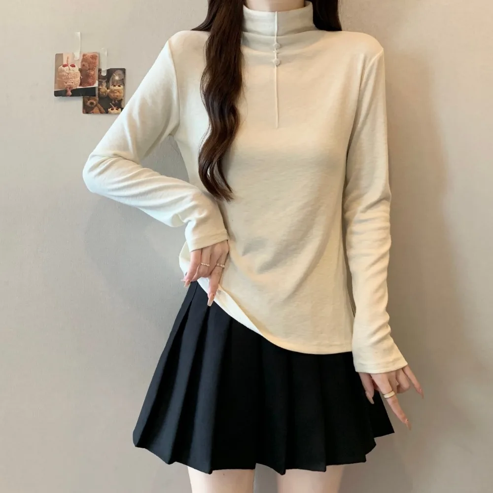 

Women Basics button Knit Long Sleeves Elegant Chic T-shirts French Autumn Winter Plus Size Clothing
