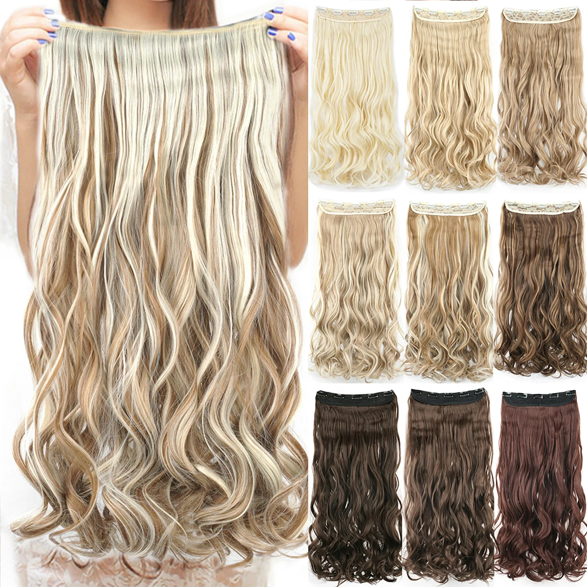 28 Inche Long Wavy Synthetic Dirty Blonde Clip In Hair Extensions Fake Hair Clip Ins One Piece Hair Pieces for Women