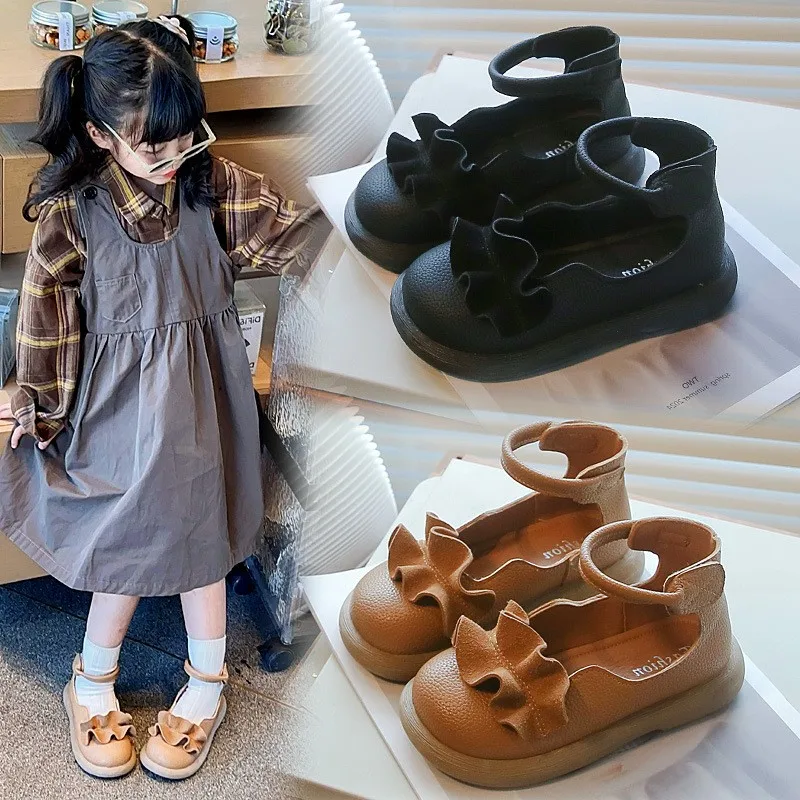 2025New 3-10years old kids casual leather shoes Comfortable Childrens Princess Shoes Black brown Soft Sole Girls Single Shoes