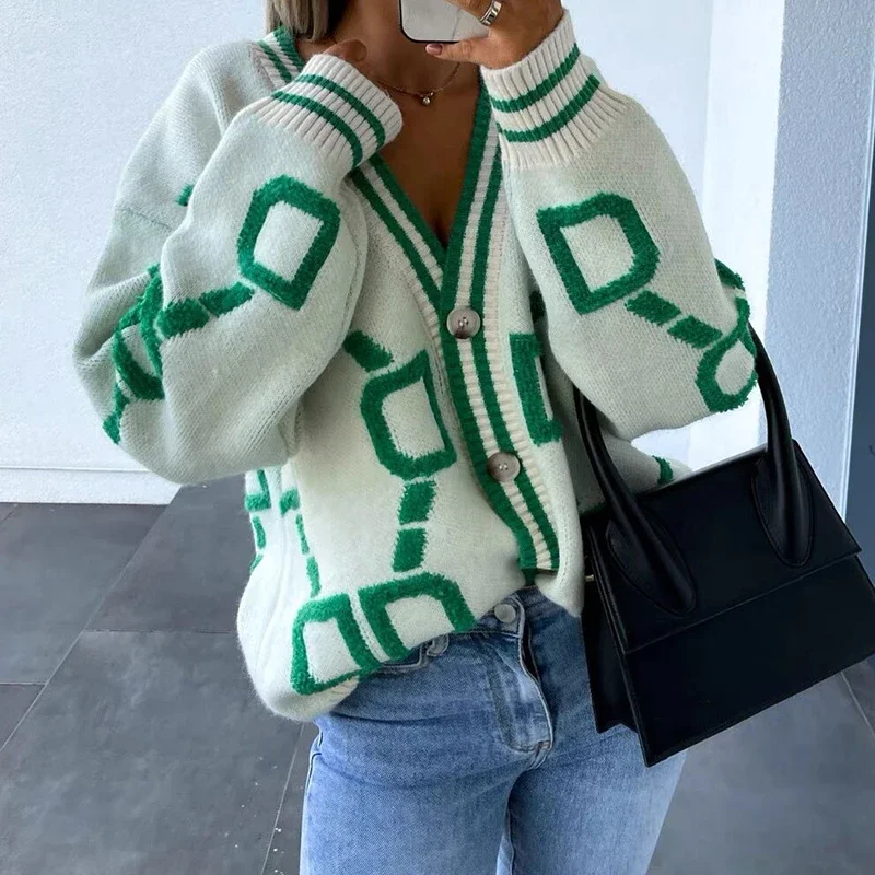 Women V-neck Knitted Cardigan Sweater Letter Printed Long Sleeve Loose Buttons Sweater Coat For Women 2023 Autumn Winter