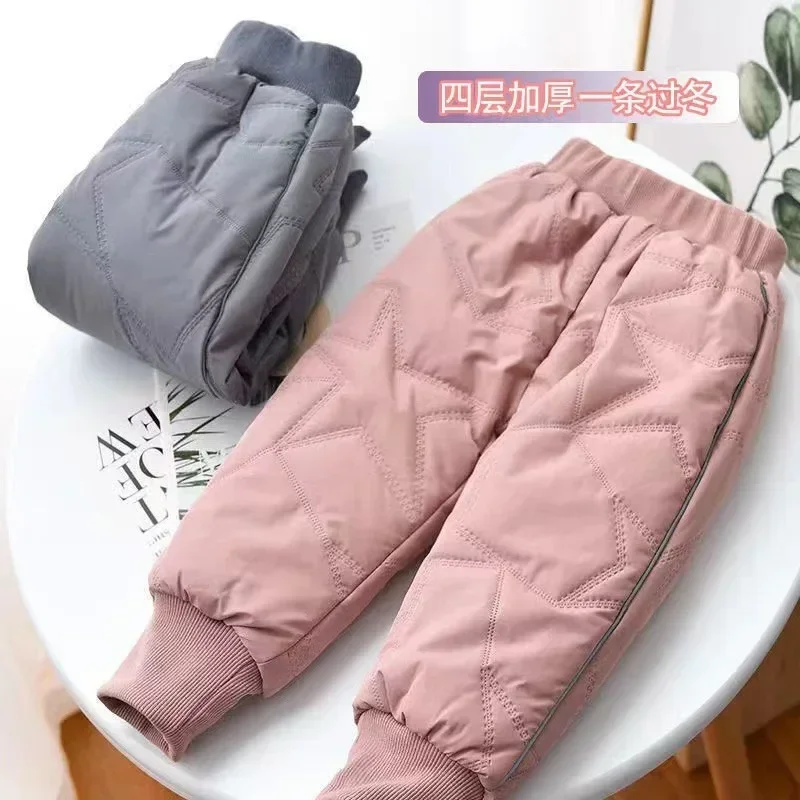 Girls Thick Ski Pants Winter Boys Four Layers Padded Trousers Children Pants Kids Clothes Fleece Warm Cotton Trousers 1-8Y