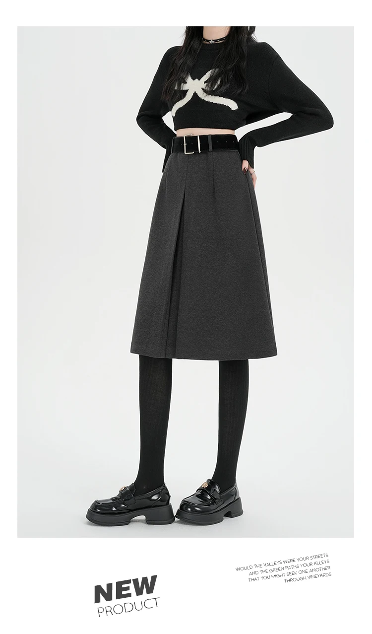 Hochgeschnittener Rock für Damen, Herbst/Winter 2026, Neuheit, Wollrock für Damen, Grau oder Schwarz, A-Linien-Rock für Damen mit Gürtel, Bestseller – Detail 14