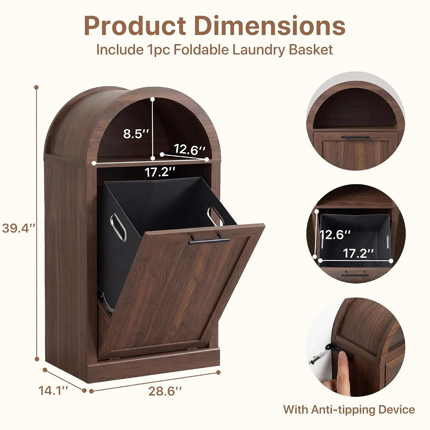 Arched Tilt-Out Trash Can Cabinet,Laundry Hamper Cabinet with Foldable Laundry Basket,Wooden Hidden Garbage, Customized